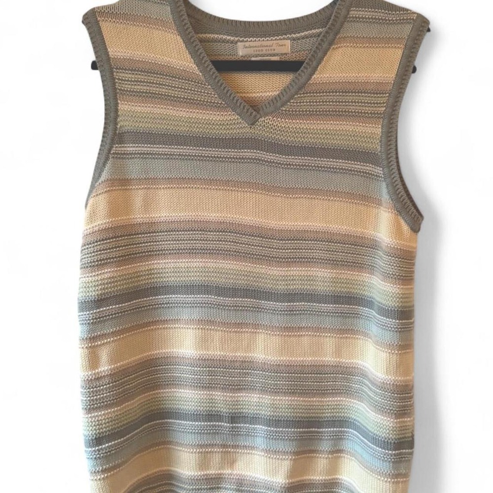 Izod Club Vintage International Tour Striped Sweater Vest Blue Cream Large